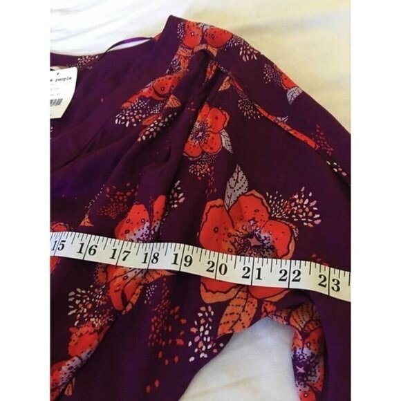 Free People Womens Top XS Tuscan Dreams Purple Orange Floral Tab Roll Sleeves - Picture 11 of 12